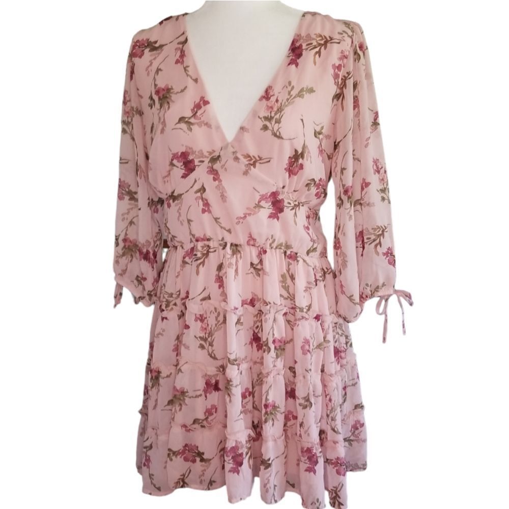 Speechless Skater Dress V-neck 3/4 Sleeve Pink Floral Tiered Skirt Size XXL